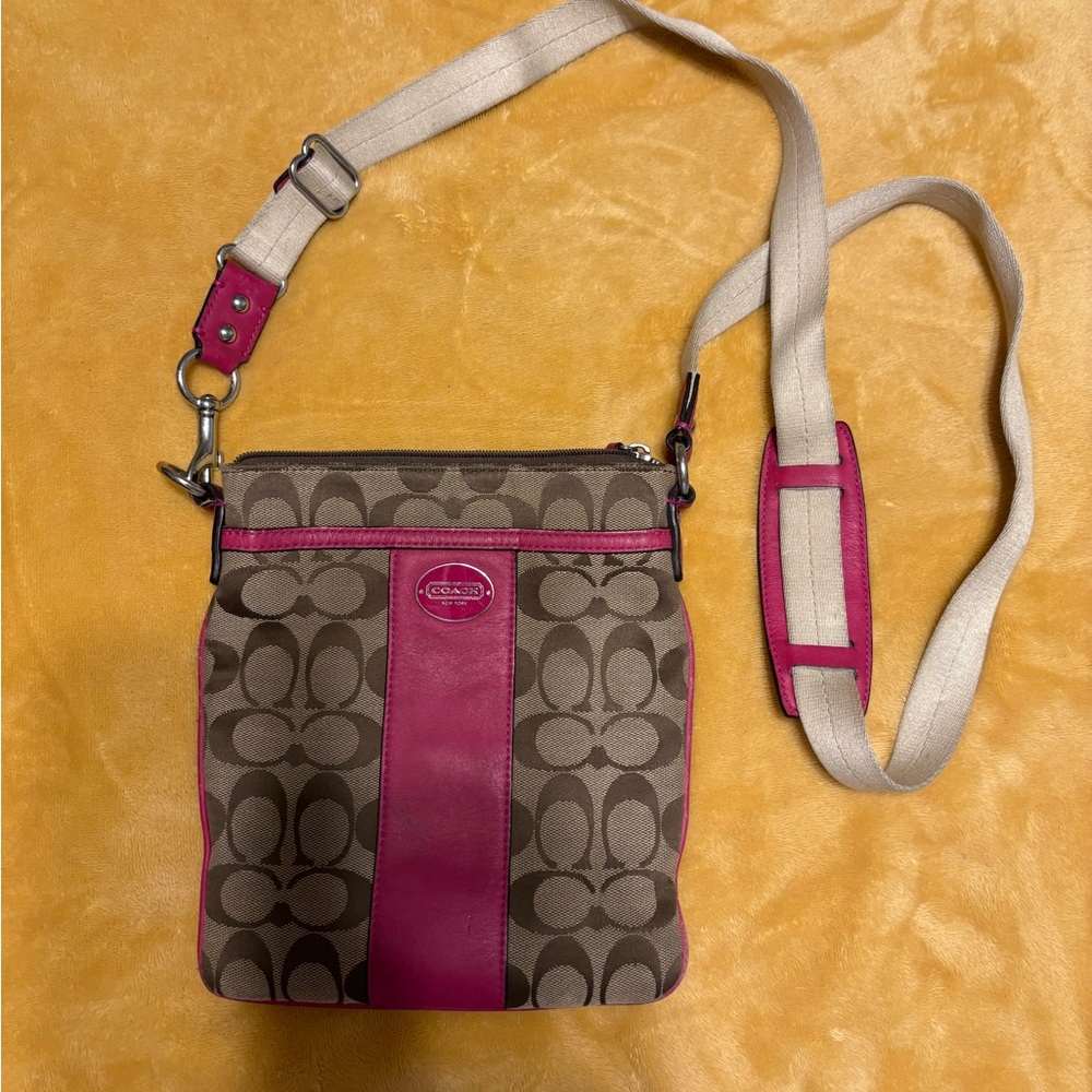 Coach Signature Pink and Tan Crossbody Bag